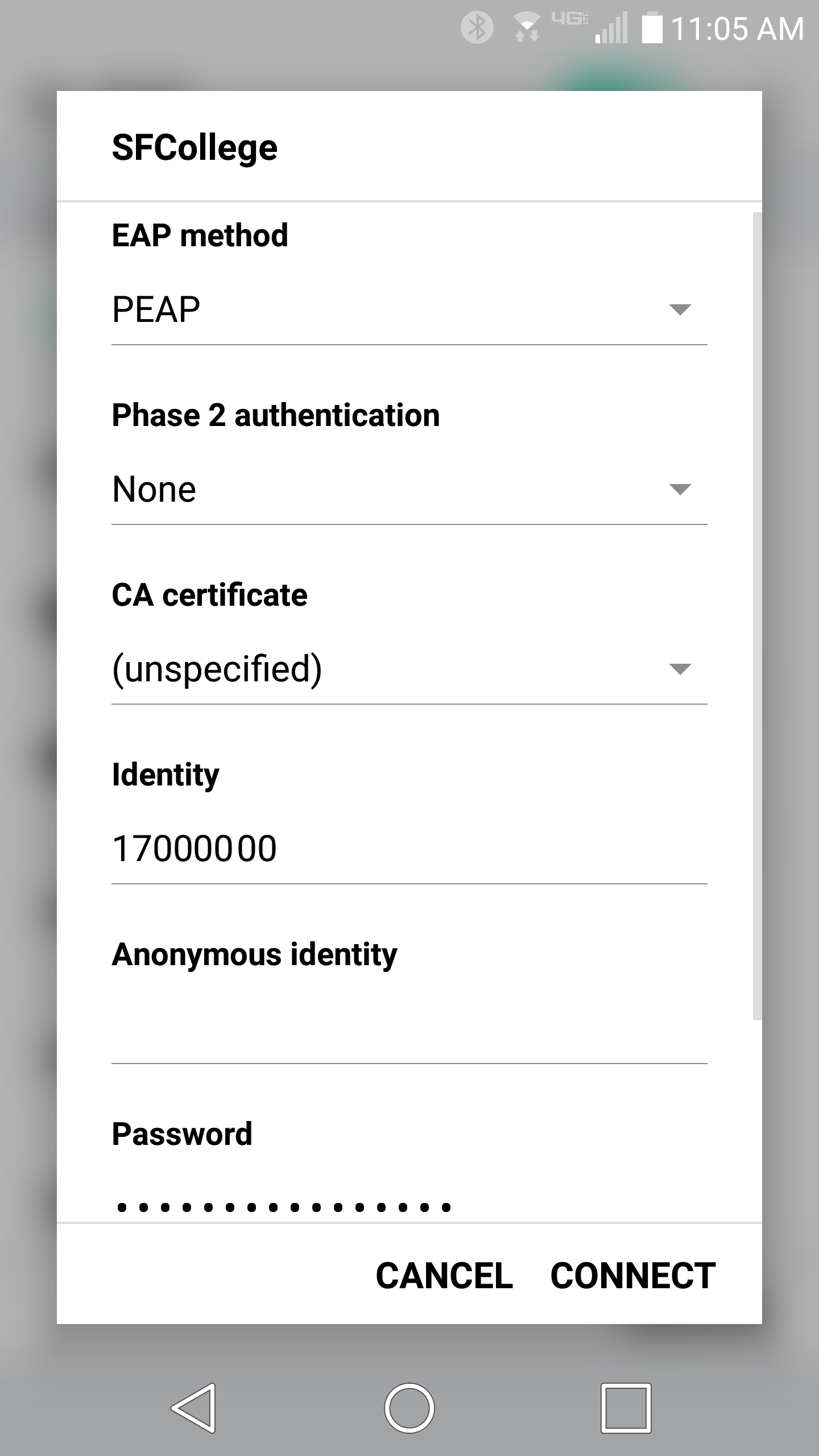 Android wireless setup screen showing the recommended connection settings.