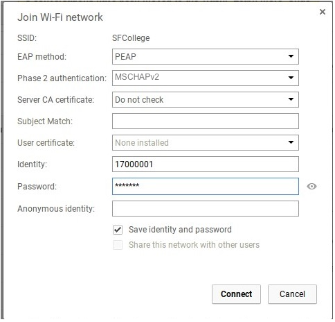 Chromebook wireless setup screen showing the recommended SFCollege Wi-Fi settings.
