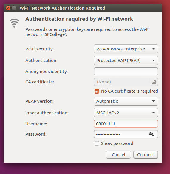 Linux wireless authentication screen showing the recommended SFCollege Wi-Fi settings.