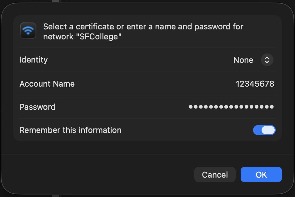 Mac wireless login prompt showing where to enter your SF ID and password.