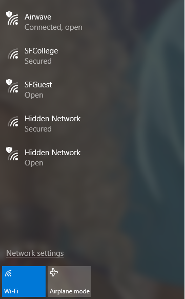 Windows wireless network list showing the SFCollege network.