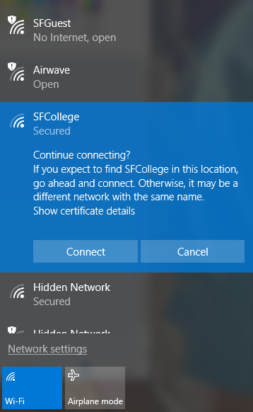 Windows prompt showing the Connect button for the SFCollege wireless network.