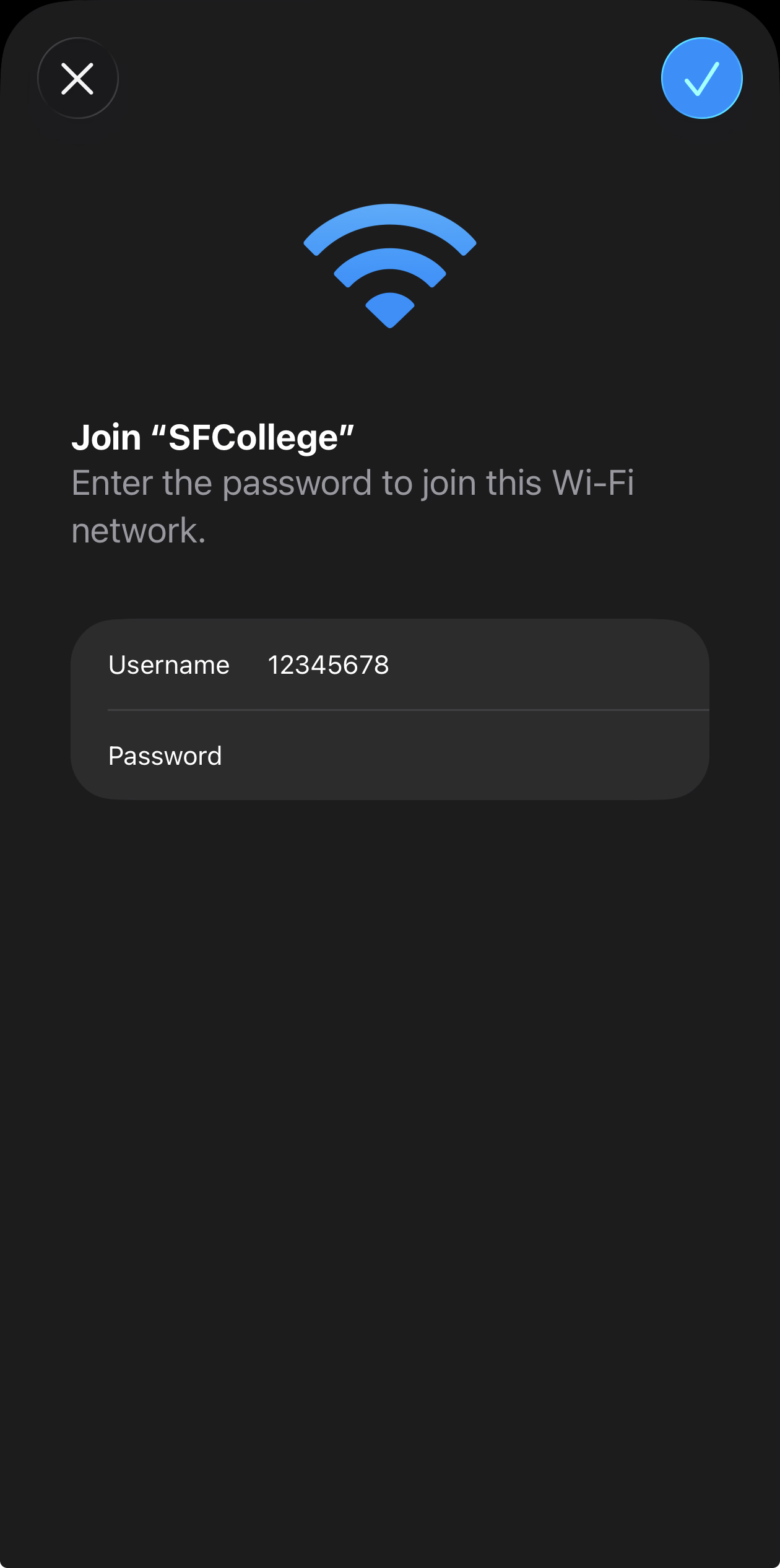 iPhone wireless login screen showing where to enter your Santa Fe College credentials.