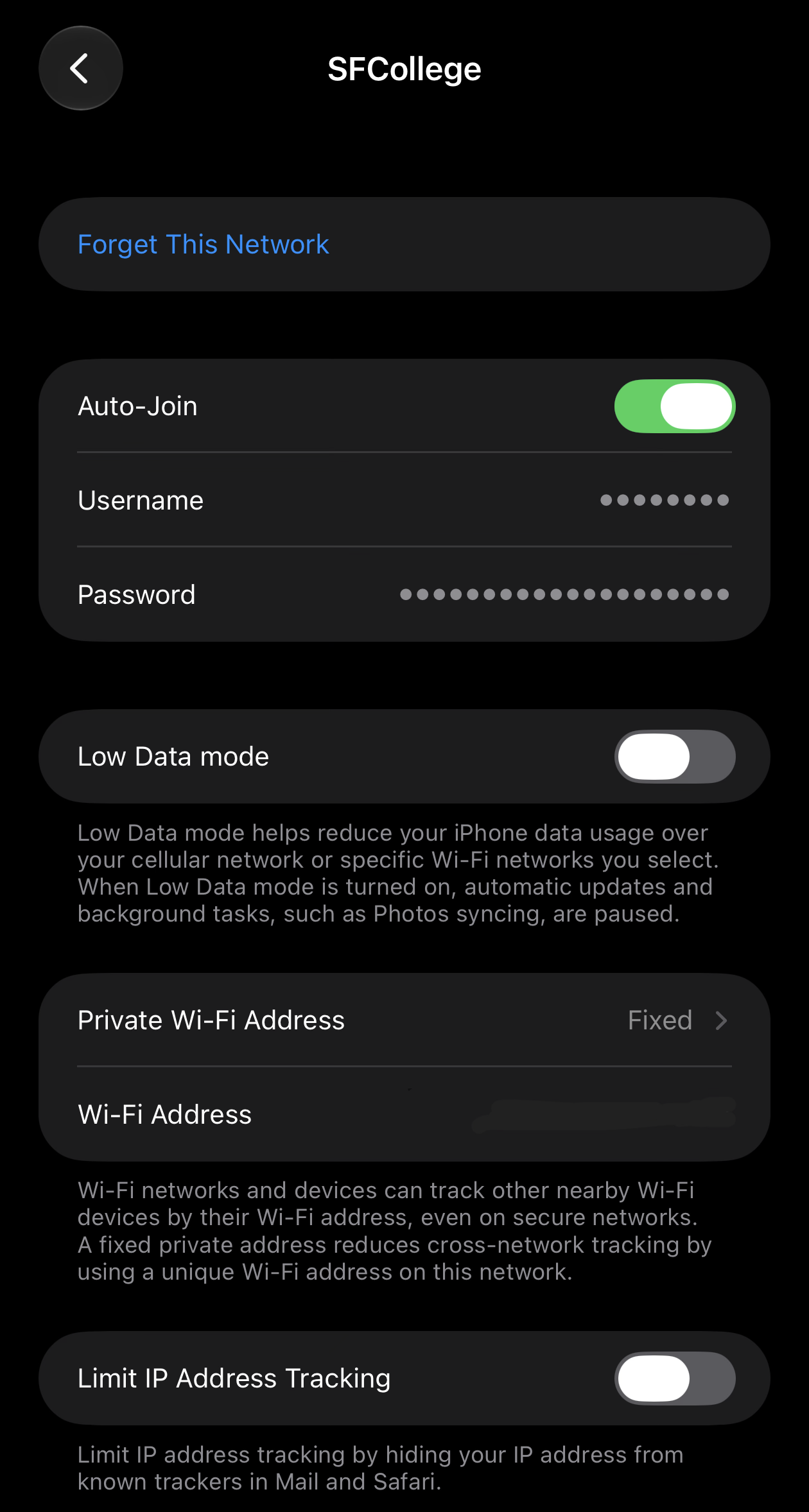 iPhone SFCollege Wi-Fi settings showing Private Wi-Fi Address and Limit IP Address Tracking.